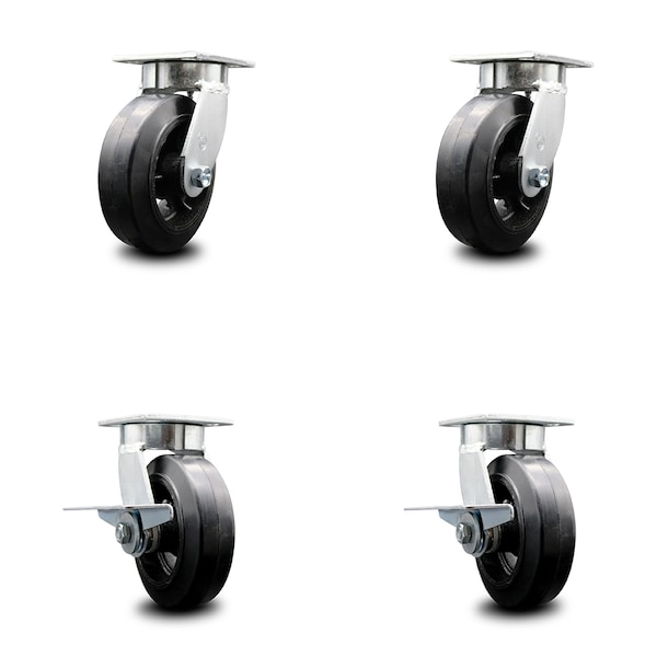 6 Inch Kingpinless Rubber on Steel Wheel Swivel Caster Set with 2 Brakes SCC